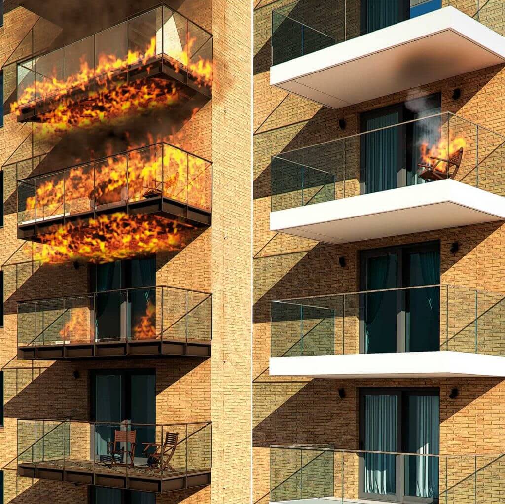balcony fire comparison for addressed at London and Manchester Event