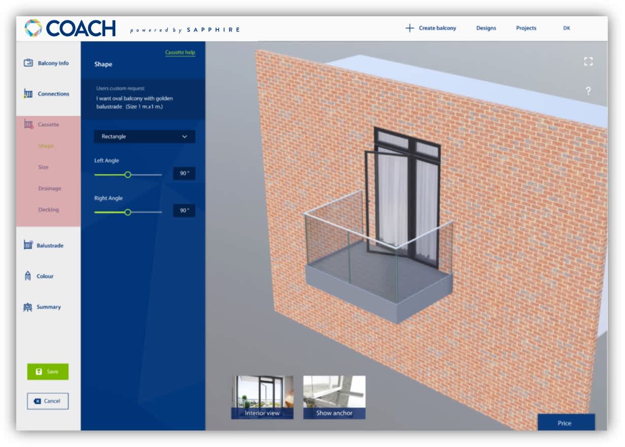 COACH balcony software editing in 3D BIM view